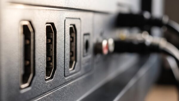 smart tv stick bild 1 Nahaufnahme unbeschrifteter HDMI-Buchsen an einer TV-RĂĽckseite