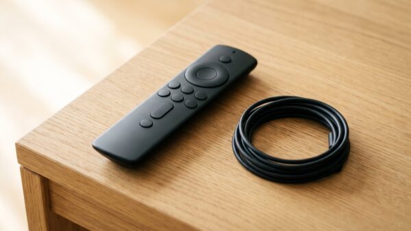 smart tv stick bild 3 Schwarze Fernbedienung mit unbeschrifteten Tasten neben einem Kabel
