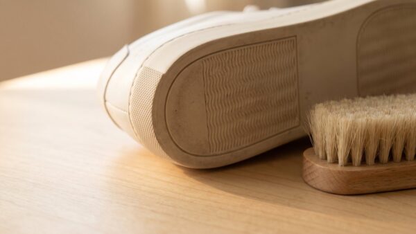 sneaker reinigen bild 2 Helle Gummisohle eines Sneakers neben einer weichen BĂĽrste