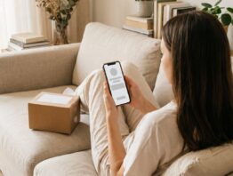 Junge Frau entdeckt einen Community-Deal beim Social Shopping am Smartphone
