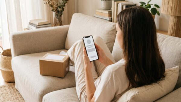 socialshopping was ist das Junge Frau entdeckt einen Community-Deal beim Social Shopping am Smartphone
