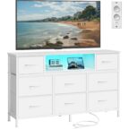 SONGMICS Kommode, Sideboard mit 8 Stoffschubladen, Steckdosen und LED-Beleuchtung, Weiß