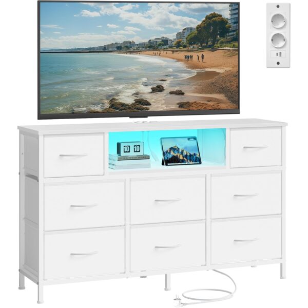 songmics kommode 8 stoffschubladen SONGMICS Kommode, Sideboard mit 8 Stoffschubladen, Steckdosen und LED-Beleuchtung, Weiß