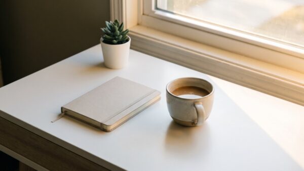 sp 500 etf bild 3 Schreibtisch am Fenster mit geschlossenem Notebook und Kaffee