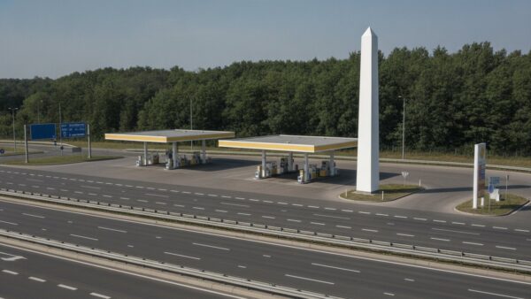 spritpreisdeckel bild 2 Autobahnraststätte mit schlichtem Tankstellendach und leerer weißer Stele neben den Fahrspuren