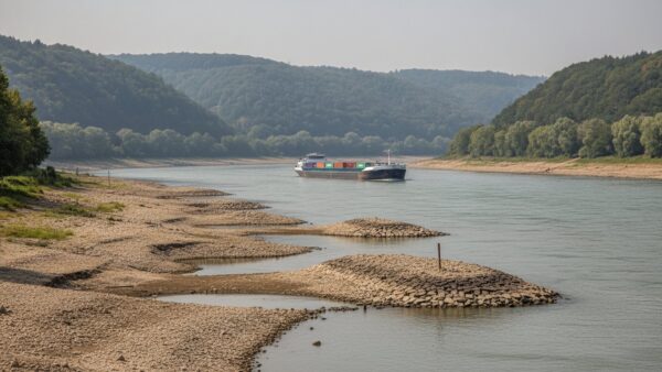 spritpreisdeckel bild 3 Binnenfrachtschiff auf einem Fluss mit niedrigem Wasserstand und trocken gefallenen Kiesbänken