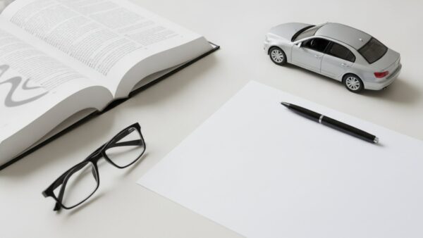 spritpreisdeckel bild 4 Aufgeschlagenes Gesetzbuch mit Brille, Kugelschreiber und einem Modellauto auf einem hellen Schreibtisch