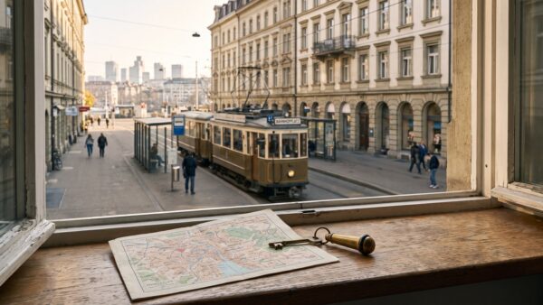 staedtereise guenstig bild 2 Blick aus dem Hotelfenster auf eine StraĂźenbahnhaltestelle auĂźerhalb des Stadtzentrums