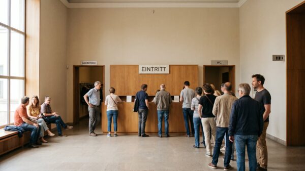 staedtereise guenstig bild 4 Besucher in der Eingangshalle eines Museums vor dem Kassentresen
