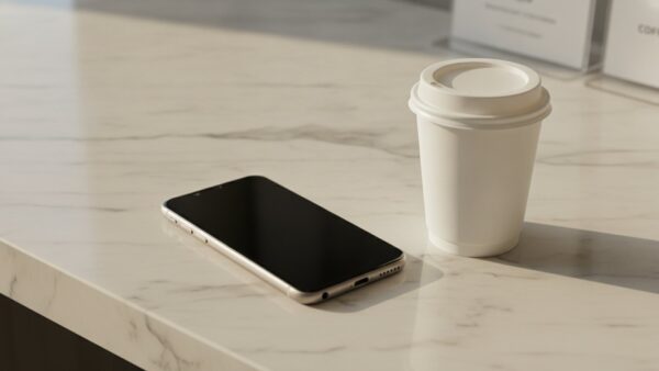 Smartphone mit schwarzem Bildschirm neben unbedrucktem Kaffeebecher