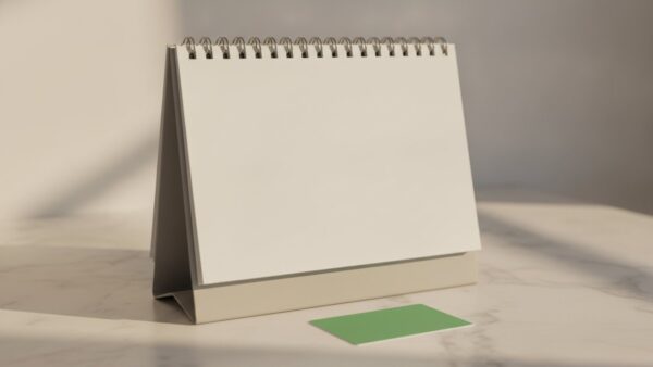 Leerer Tischkalender neben einer unbedruckten grünen Guthabenkarte