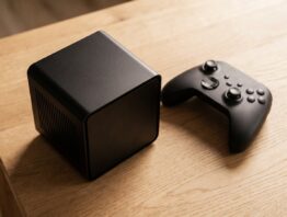 steam machine bild 1 Kompakter schwarzer Würfel-Spiele-PC mit Lüftungsschlitzen neben einem schlichten Controller