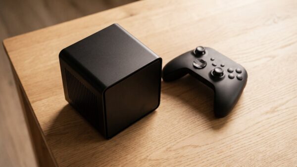 steam machine bild 1 Kompakter schwarzer Würfel-Spiele-PC mit Lüftungsschlitzen neben einem schlichten Controller