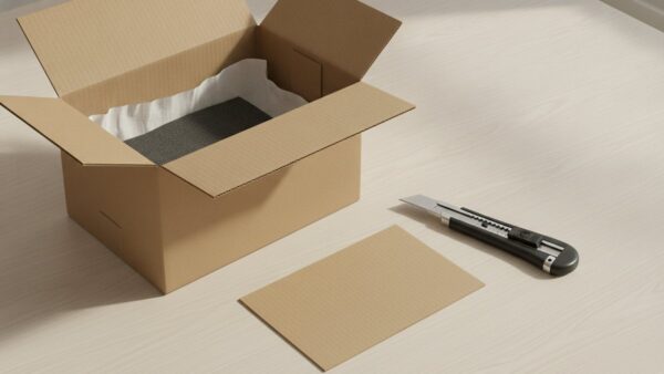 steam machine bild 2 Geöffneter unbeschrifteter Versandkarton mit Packpapier und leerem Pappschild auf einem Holztisch