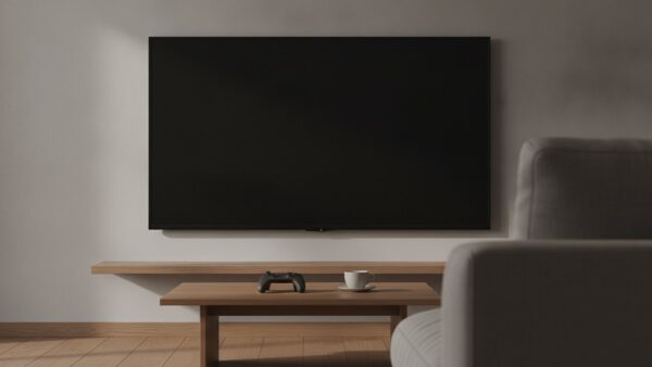 steam machine bild 4 Ausgeschalteter Fernseher über einem Couchtisch mit Controller und Tasse im Wohnzimmer
