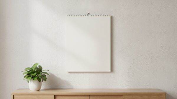 Unbeschrifteter Wandkalender über einer Holzkommode mit Grünpflanze