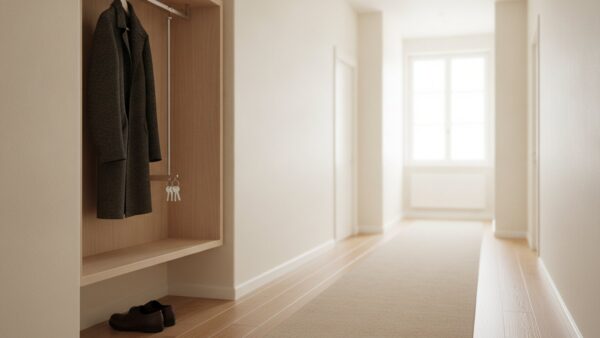 Heller Flur mit einem Wollmantel an der Garderobe, Lederschuhen und einem Schlüsselbund auf der Ablage