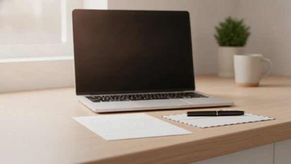 Laptop mit schwarzem Bildschirm neben einem handgeschriebenen Einspruch und einem Umschlag