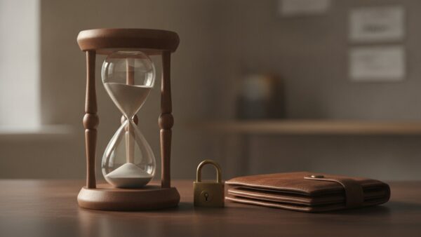 Sanduhr neben geschlossenem Portemonnaie und Vorhängeschloss – Zahlung trotz Einspruch aussetzen