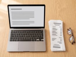 Laptop mit neutraler Eingabemaske neben sortierten Belegen