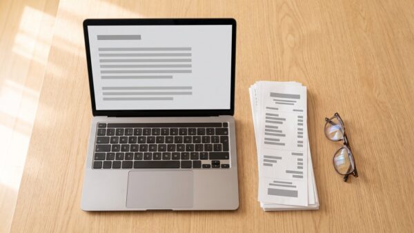 Laptop mit neutraler Eingabemaske neben sortierten Belegen