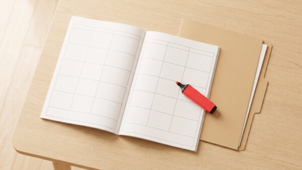 Leerer Kalender mit Textmarker und Dokumentenmappe