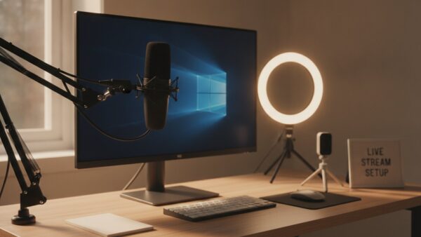 streaming erklaert senden Streaming Setup zum Senden mit Mikrofon, Kamera und Ringlicht am Schreibtisch