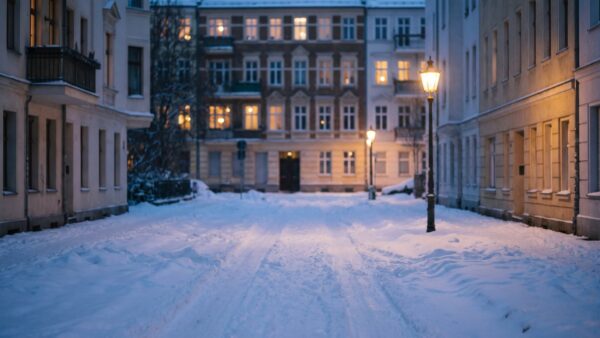streupflicht winterdienst bild 1 Verschneite Wohnstraße im Morgengrauen mit ungeräumten Gehwegen und Laternenlicht