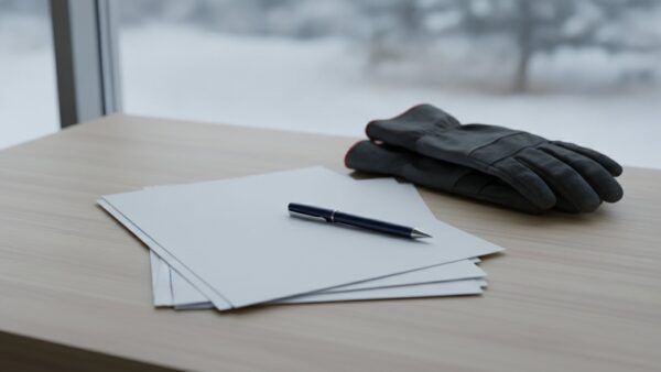 streupflicht winterdienst bild 2 Leere Papierbogen, ein Kugelschreiber und Arbeitshandschuhe auf einem Tisch am Winterfenster