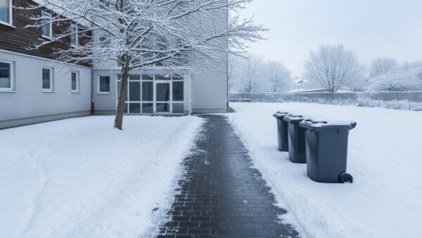 streupflicht winterdienst bild 4 Geräumter Weg vom Hauseingang zu den Abfallbehältern in einem verschneiten Innenhof