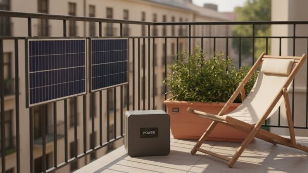 Stromspeicher für Balkonkraftwerk: kompakter Akku neben zwei Solarmodulen am Balkon