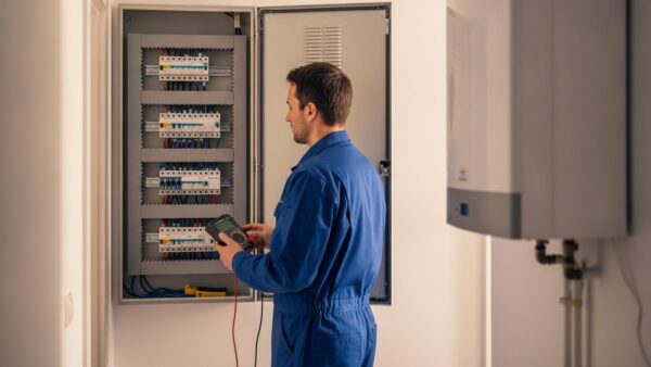 Stromspeicher nachrüsten: Elektriker prüft den Zählerschrank neben dem Batteriespeicher