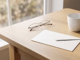 Geschlossener weißer Briefumschlag neben Lesebrille und Tasse auf einem hellen Holztisch
