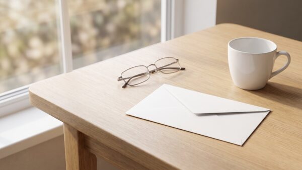 stromsperre bild 1 Geschlossener weißer Briefumschlag neben Lesebrille und Tasse auf einem hellen Holztisch