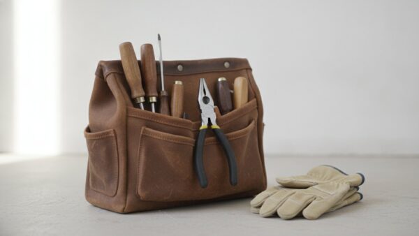 stromsperre bild 4 Offene Werkzeugtasche mit Schraubendrehern und Arbeitshandschuhen vor einer weißen Wand