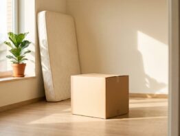 Fast leeres helles Zimmer mit Umzugskarton, Matratze und Pflanze