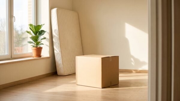 studienstarthilfe bild 1 Fast leeres helles Zimmer mit Umzugskarton, Matratze und Pflanze