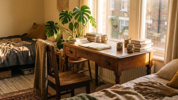 studienstarthilfe bild 3 Kleines Studentenzimmer mit gebrauchten Möbeln und Schreibtisch am Fenster