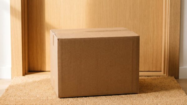 Unbeschrifteter Versandkarton vor einer hellen Wohnungstür