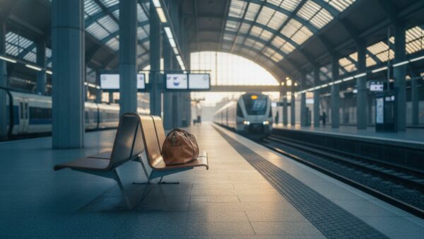 super sparpreis bild 2 Fast leerer Bahnsteig am frĂĽhen Morgen mit einer Reisetasche auf einer Bank