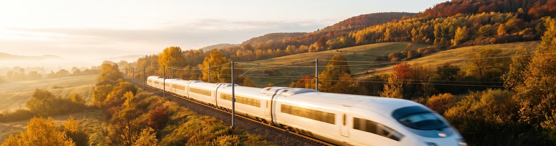 Weißer Hochgeschwindigkeitszug fährt am Morgen durch eine herbstliche Landschaft
