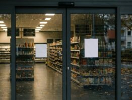 supermarkt 3 oktober bild 1 Blick durch die geschlossene Glastür eines Supermarkts auf leere, gedimmte Gänge