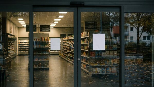 supermarkt 3 oktober bild 1 Blick durch die geschlossene GlastĂŒr eines Supermarkts auf leere, gedimmte GĂ€nge