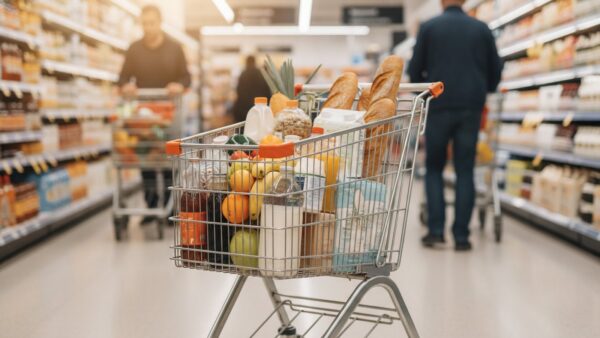 supermarkt 3 oktober bild 2 Voller Einkaufswagen mit Brot, Milch, Obst und GetrÀnken im Supermarktgang