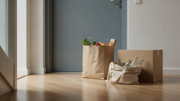 supermarkt 3 oktober bild 3 LebensmitteltĂŒten, ein Paket und ein Beutel mit Pfandflaschen vor einer WohnungstĂŒr