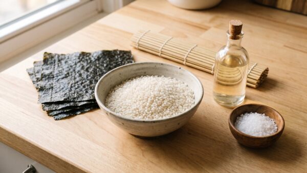 Grundausstattung zum Sushi selber machen mit Rundkornreis, Nori-Blättern, Bambusmatte und Reisessig