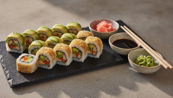 Vegetarische Sushi-Rollen mit Avocado, Gurke, Karotte und Tofu auf einer Schieferplatte