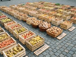 tag der lebensmittelrettung bild 1 Ausstellung geretteter Lebensmittel in Holzkisten und Körben auf dem Pflaster eines Stadtplatzes