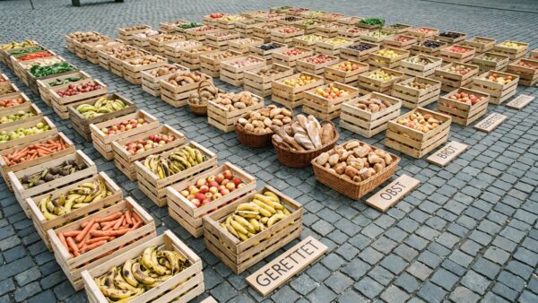 Ausstellung geretteter Lebensmittel in Holzkisten und Körben auf dem Pflaster eines Stadtplatzes