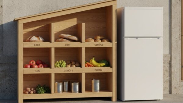 Öffentliches Holzregal und Kühlschrank mit geretteten Lebensmitteln an einer Hauswand, ein sogenannter Fairteiler